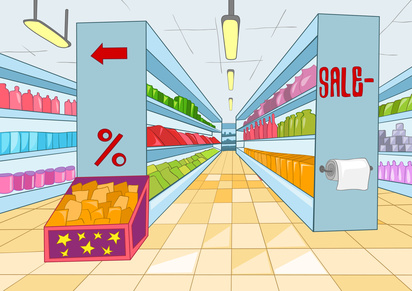 Supermarket with Long Shelfs. Vector Cartoon Background.